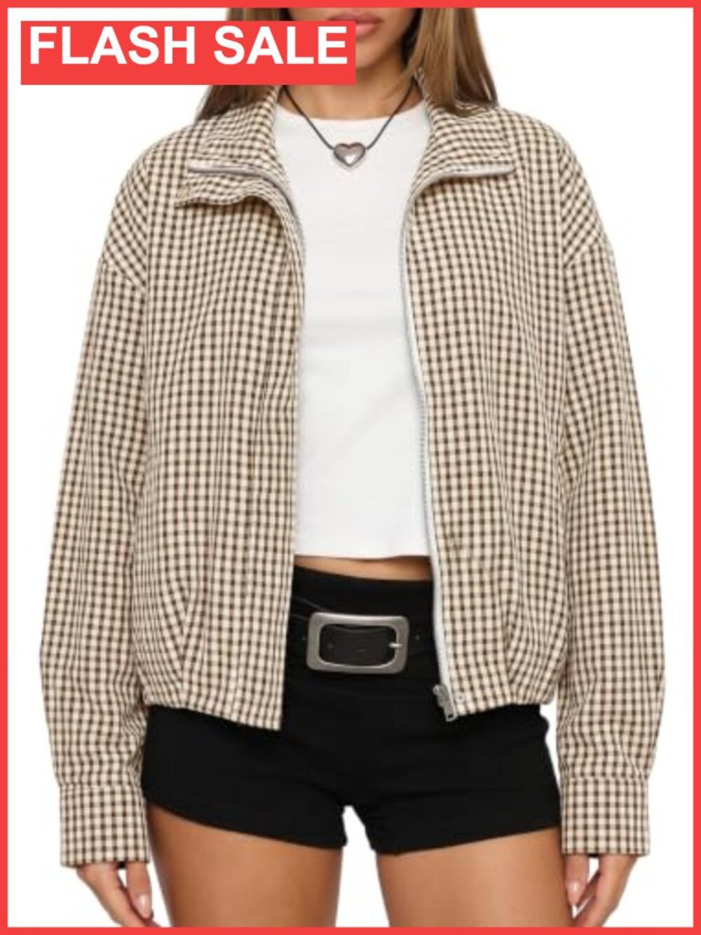Women's Plaid Bomber Jacket Lightweight Zip-Up Coat with Pockets